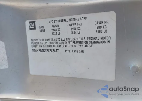 2002 Buick Lesabre Custom z USA, uszkodzony, nr VIN 1G4HP54K924243417